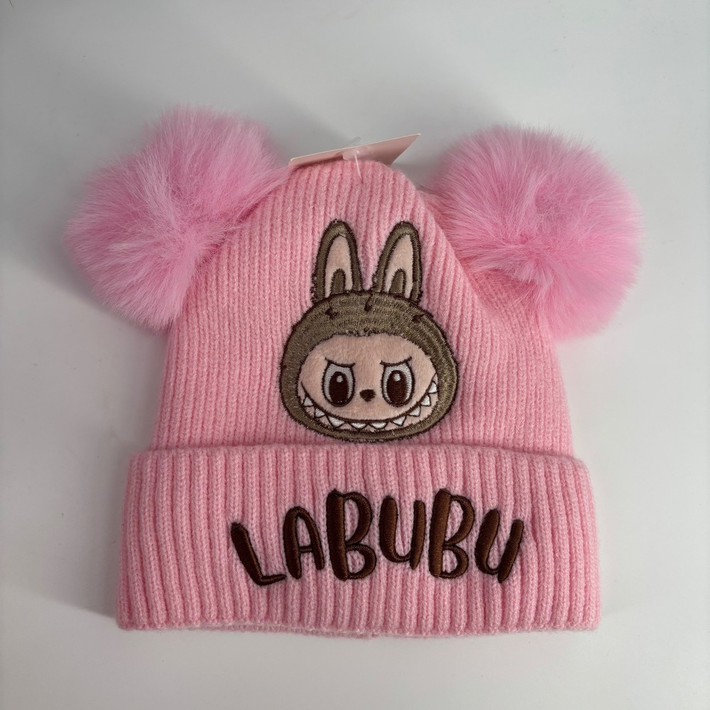Labubu Double Pom Pom Beanie Kids One Size Pink Embroidered Ribbed Knit Hat